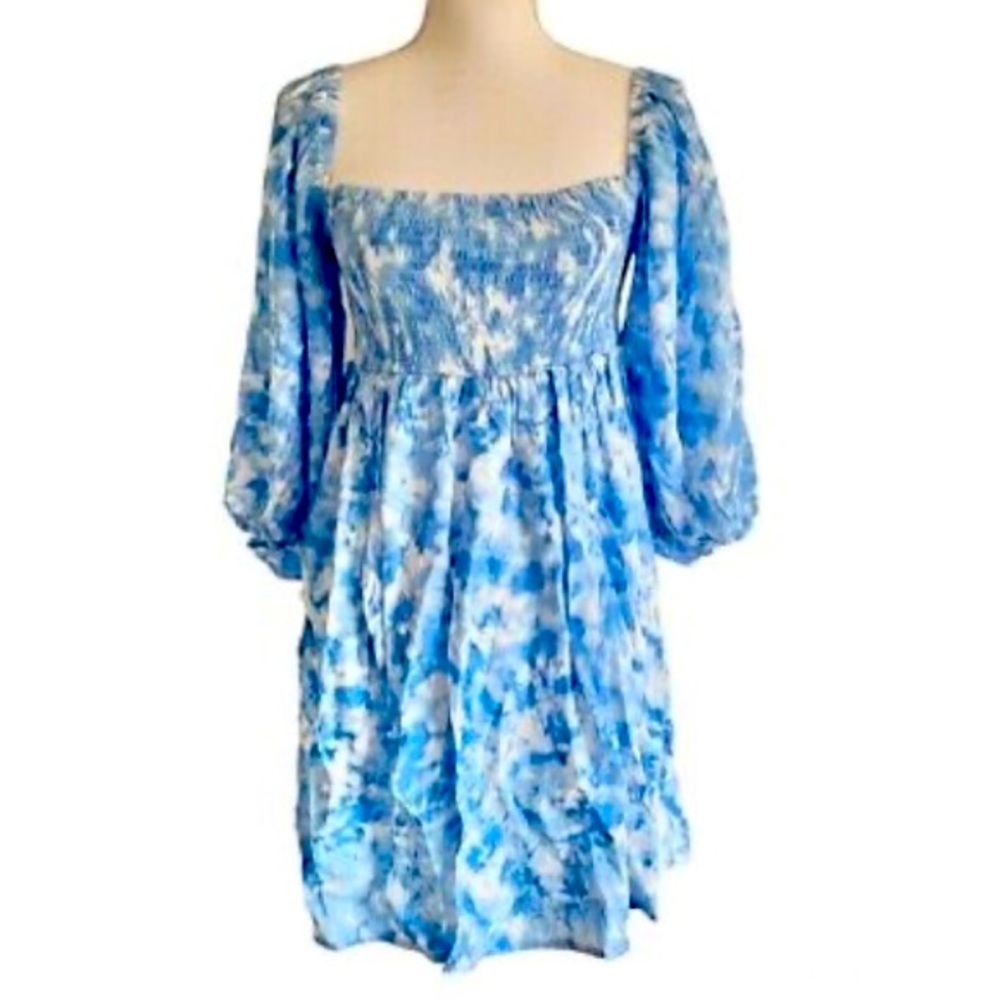 Faithful the Brand: Alina Mini Dress Roos Tye Dye Blue; size medium